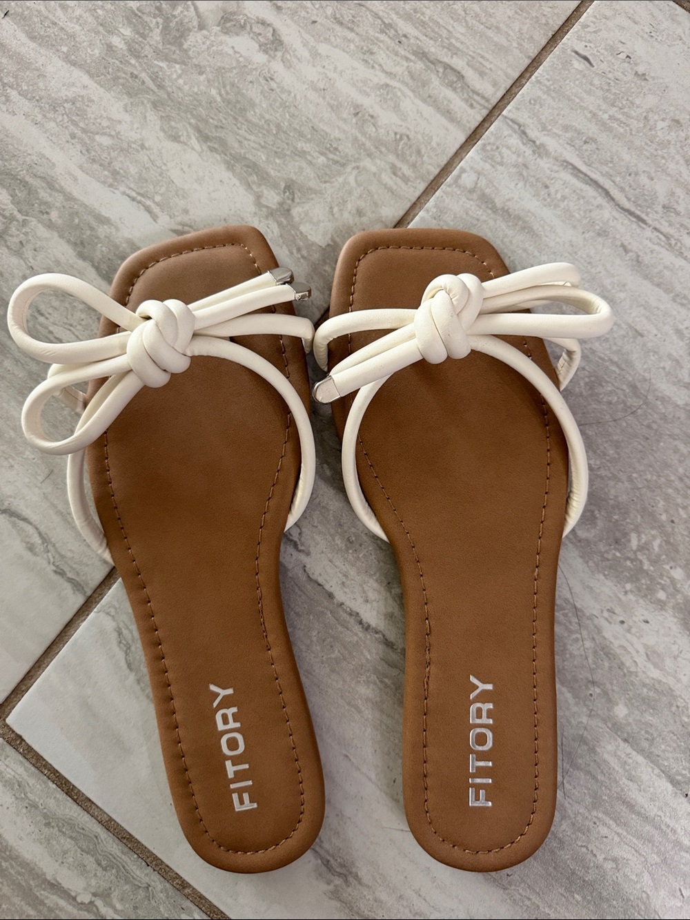 White Knot Strap Slide Sandals with Brown Footbed